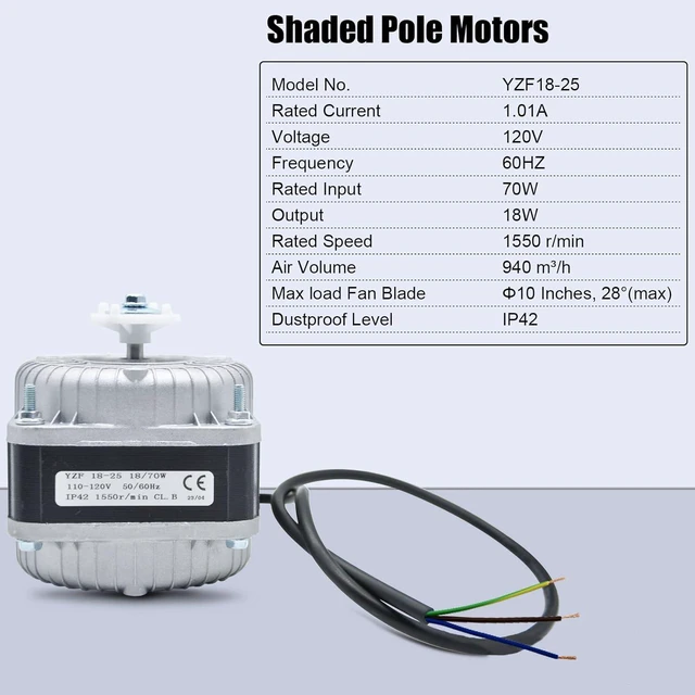 Alt view image 2 of 7 - YZF18-25 Shaded Pole Motor, 120V 60HZ 18W 1.01A 1550 r/min, 4 Shaded Poles, Replace W0301905 YZF6-13 YZF10-20, Widely Using in The Radiator, Evaporator, Condenser and Other Refrigeration Equipment
