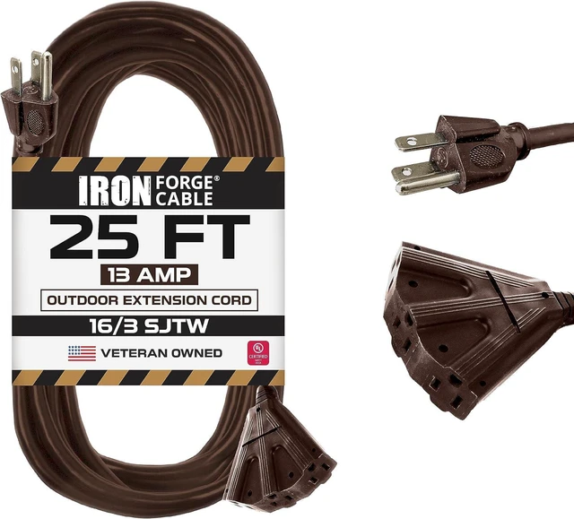 Main image of Iron Forge Cable 25ft Brown Outdoor Extension Cord with 3 Outlets - 16/3 SJTW 25ft Extension Cord 3 Prong, 13 Amp All-Weather Heavy Duty Power Cable for Indoor or Outdoor Use - UL Listed