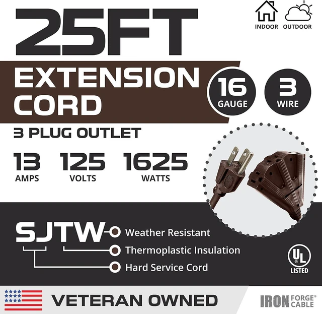 Alt view image 2 of 7 - Iron Forge Cable 25ft Brown Outdoor Extension Cord with 3 Outlets - 16/3 SJTW 25ft Extension Cord 3 Prong, 13 Amp All-Weather Heavy Duty Power Cable for Indoor or Outdoor Use - UL Listed