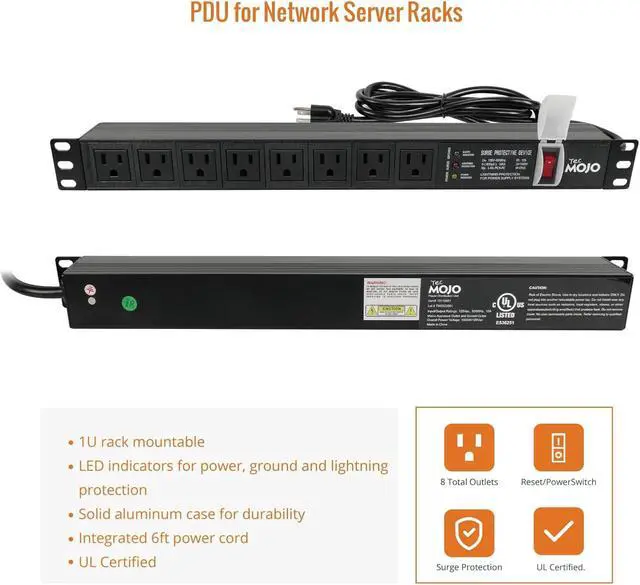 Alt view image 6 of 6 - Tecmojo 1U Rack-Mount Horizontal 8-Outlet Power Strip UL Listed PDU with Surge Protection LED Indicators 6ft Cord Power Distribution for IT and Network Server Racks