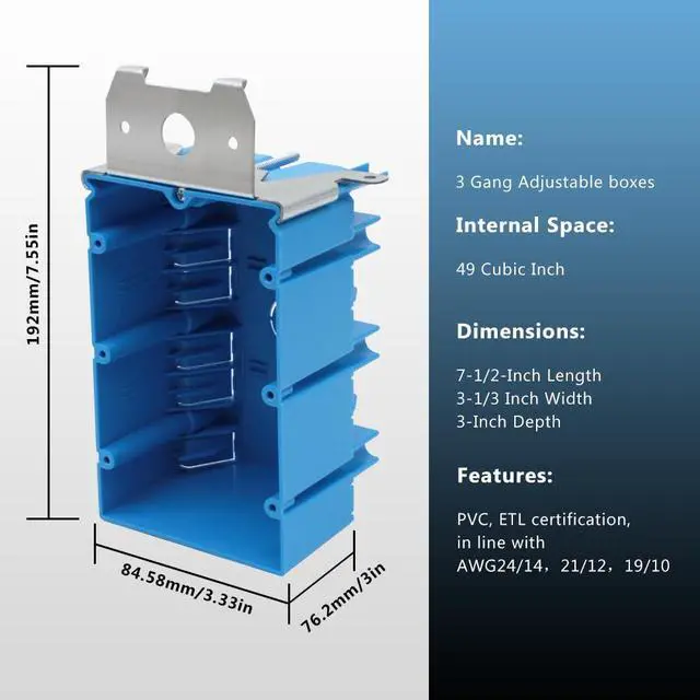 Alt view image 3 of 6 - PVC Blue Adjustable Electrical Box Outlet,49 Cu.in.Adjustable 3 Gang Electrical Box,ETL,for Construction(Pack of 3)