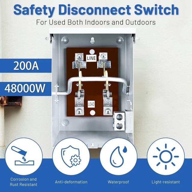 Alt view image 2 of 7 - General Safety Switch 200 Amp, 2 Pole 120V/240V, Non-Fuse AC Disconnect Switch Box, Outdoor and Indoor, NEMA-3R Housing, Anti-Corrosion and Rust Prevention
