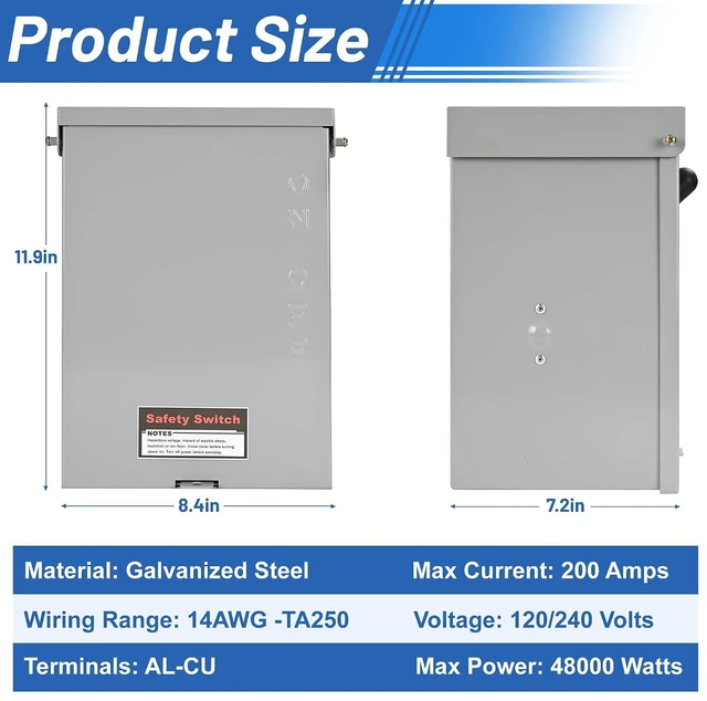 Alt view image 5 of 7 - General Safety Switch 200 Amp, 2 Pole 120V/240V, Non-Fuse AC Disconnect Switch Box, Outdoor and Indoor, NEMA-3R Housing, Anti-Corrosion and Rust Prevention