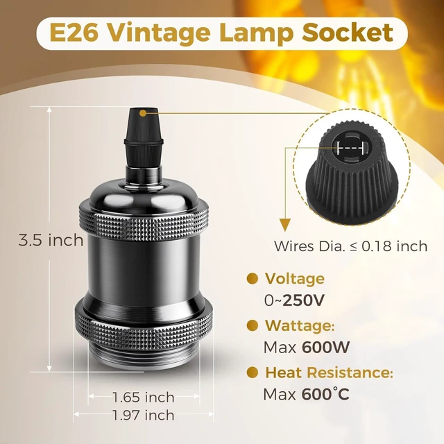 Alt view image 3 of 6 - DiCUNO E26 Vintage Light Socket, Black Medium Base for Edison Pendant Lights, DIY Lamps & Industrial Lighting, 10-Pack
