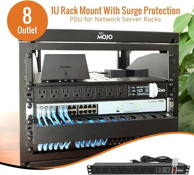 Alt view image 3 of 6 - Tecmojo 1U Rack-Mount Horizontal 8-Outlet Power Strip UL Listed PDU with Surge Protection LED Indicators 6ft Cord Power Distribution for IT and Network Server Racks
