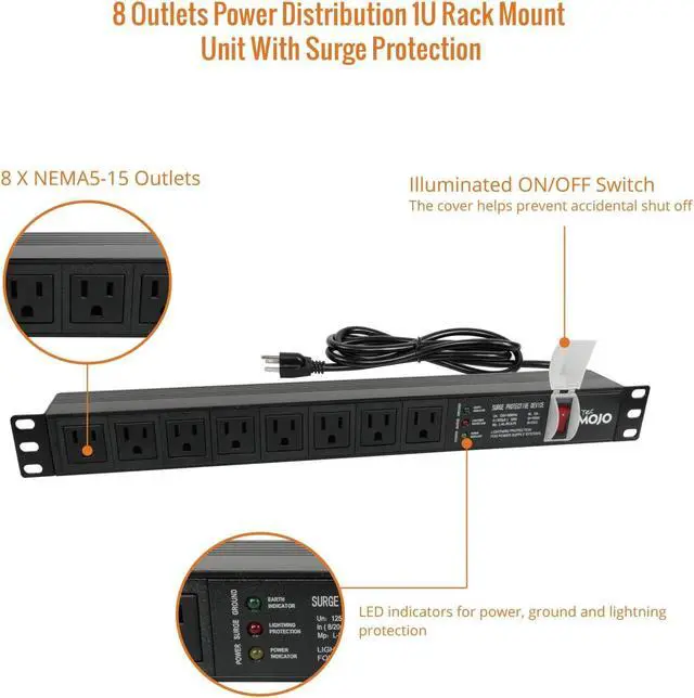 Alt view image 4 of 6 - Tecmojo 1U Rack-Mount Horizontal 8-Outlet Power Strip UL Listed PDU with Surge Protection LED Indicators 6ft Cord Power Distribution for IT and Network Server Racks