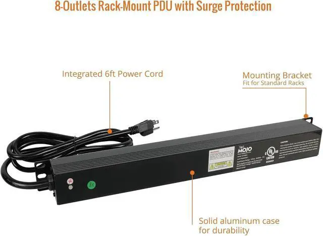 Alt view image 5 of 6 - Tecmojo 1U Rack-Mount Horizontal 8-Outlet Power Strip UL Listed PDU with Surge Protection LED Indicators 6ft Cord Power Distribution for IT and Network Server Racks