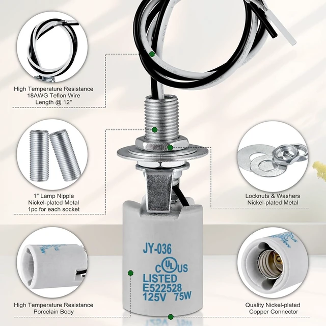 Alt view image 3 of 7 - E12 Socket,Ceramic Chandelier Socket E12 Bulb Lamp Holder,Light Socket with Wire Lead for E12 Incandescent LED Light Bulb (10-Pack)