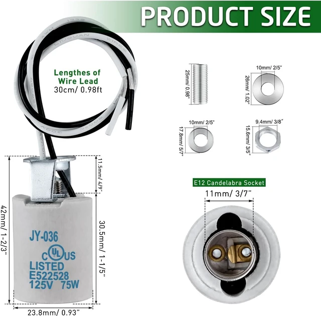 Alt view image 5 of 7 - E12 Socket,Ceramic Chandelier Socket E12 Bulb Lamp Holder,Light Socket with Wire Lead for E12 Incandescent LED Light Bulb (10-Pack)