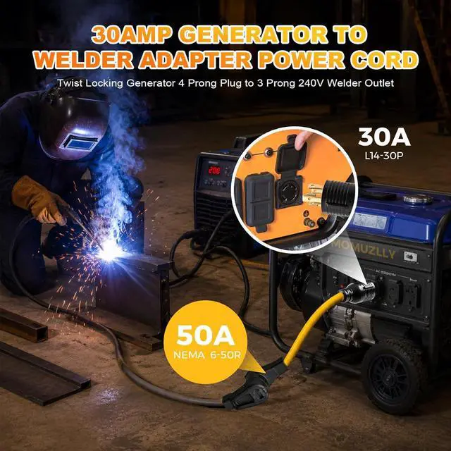 Alt view image 2 of 7 - Generator Welder Adapter Plug Power Cord NEMA L14-30P to 6-50R Welder Plasma Cutter Plug, 4 Prong 30 Amp Twist Lock Male Plug to 3 Prong 50 Amp 220V Welding Female, ETL Listed, 1FT