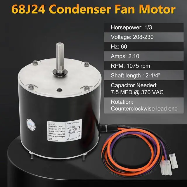 Alt view image 2 of 6 - 68J24 Condenser Fan Motor Replaces for Lennox 68J2401, 1/3 HP, 208/230V-1Ph, 60HZ, 1075 RPM, Substitute for 97M62, 69W96, 100483-29, 100483-01, K55HXGCE-8094