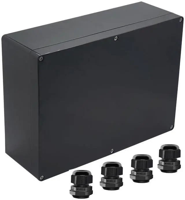 Main image of ABS Plastic IP65 Waterproof Electrical Project Case with 4 M16 Cable Glands, Black, 11.42x8.27x3.94 inch (290 x 210 x100 mm), Includes Box, Screws, Gasket, Cable Glands