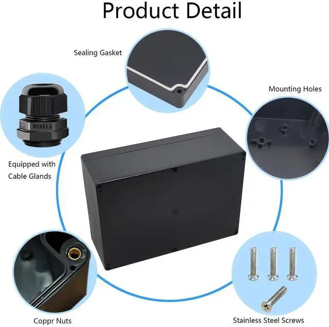 Alt view image 5 of 7 - ABS Plastic IP65 Waterproof Electrical Project Case with 4 M16 Cable Glands, Black, 11.42x8.27x3.94 inch (290 x 210 x100 mm), Includes Box, Screws, Gasket, Cable Glands
