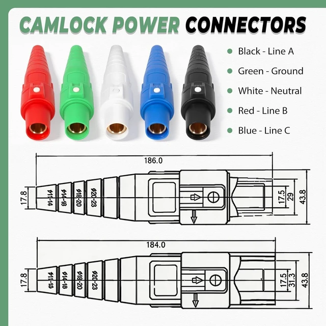 Alt view image 3 of 6 - (5 Pcs Female) CLS40 400A Camlock Connector Set, Cam Lock Fittings for Power Distro Cord, 2/0-4/0 AWG Cables, 600V Camlock Power Sockets with 5 Colors