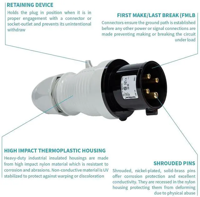 Alt view image 3 of 7 - Walther Electric 230405 Pin and Sleeve Plug 30A 4 Wire 3ø 600 VAC 5Hr IP44 Splashproof - 430P5 Industrial Grade IEC (Black)