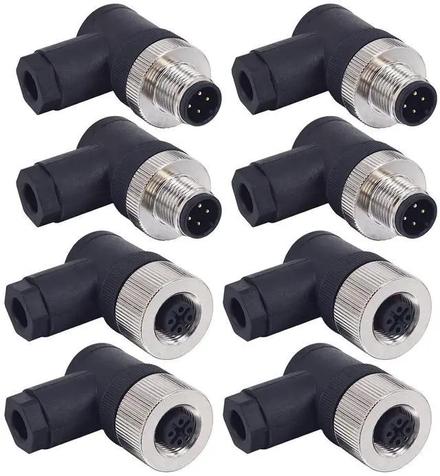 Main image of M12 4 Pin Male & Female Right Angle Socket Panel Aviation Wire Connector,12mm Industrial Circular Connector, Outdoor Waterproof IP67,4 Sets