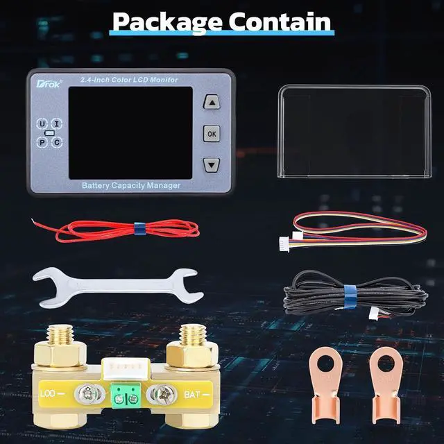 Alt view image 7 of 7 - DROK Charge Discharge Monitor, DC 8-100V 200A Battery Monitor 12V 24V 36V 48V 60V Coulometer Watt Meter, 2.4 inch LCD Color Screen Capacity Percentage Time Power Voltmeter Ampmeter for RV Solar Panel