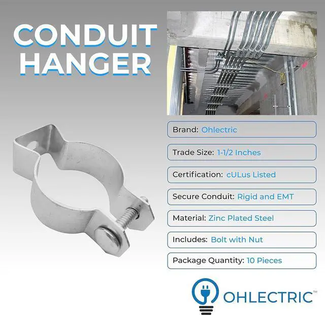 Alt view image 2 of 6 - OHLECTRIC OL-64150 Zinc Plated Steel 1-¼" Rigid to 1-½" EMT Conduit Hanger with Bolt- Ideal for Rigid and EMT Conduit Mounting to Surfaces, Insulated Supports or Threaded Rods-Pack of 10