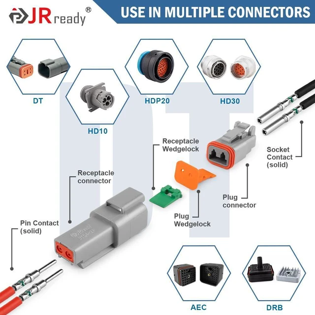 Alt view image 3 of 7 - JRready ST6443 Deutsch Contact Kit, Deutsch Solid Pin, Closed Barrel Contacts Kit Size 12 16 20 Male Pins and Female Sockets Support Wire Guage 22-12AWG for DTP, DT, DTM Series Connectors