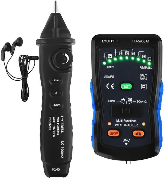Main image of Network Cable Tester for RJ45 RJ11, Ethernet Tester Wire Tracer Tone Generator and Probe Kit for Cat4 Cat3 BNC, Circuit Tracer Poe LAN Tester with Earphone Lamp, Break Locator Line Finder Tool