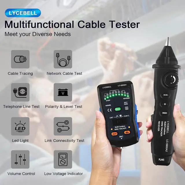 Alt view image 2 of 7 - Network Cable Tester for RJ45 RJ11, Ethernet Tester Wire Tracer Tone Generator and Probe Kit for Cat4 Cat3 BNC, Circuit Tracer Poe LAN Tester with Earphone Lamp, Break Locator Line Finder Tool
