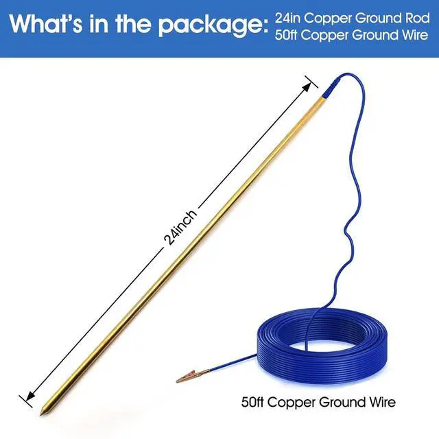Alt view image 2 of 7 - 24" Copper Alloy Ground Rod,Portable Plug Grounding Rod Kit with 50ft Copper Wire & Alligator Clip for Electric Fences, Grounding Mats,Generator Antennas,Satellite Dishes