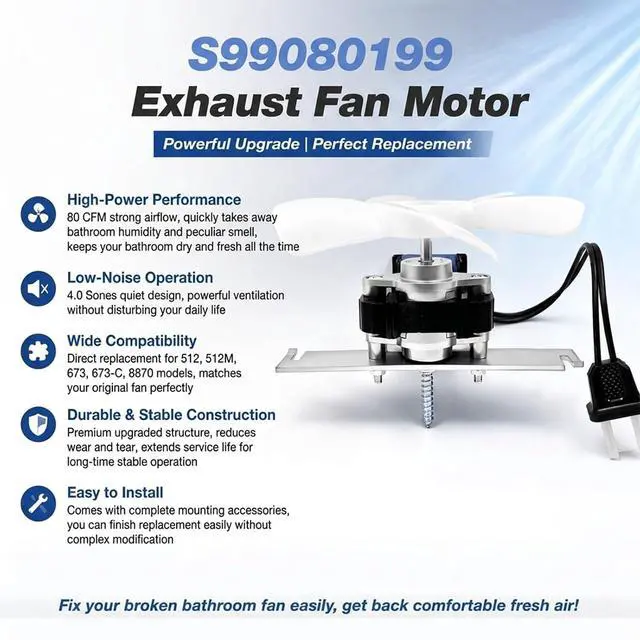 Alt view image 3 of 6 - S99080199 Bathroom Exhaust Fan Motor 80 CFM 4.0 Sones Replacement Pure Copper Coil Electrophoresis Surface with Ball Bearings Compatible with 512 512M 673 673C 8870