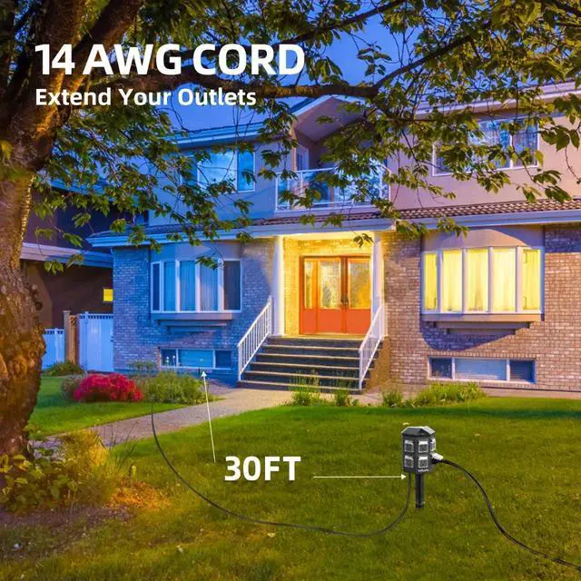 Alt view image 4 of 7 - Tiffcofio Outdoor Power Extension with Stake, 9 Meters Waterproof Cable, 6 Grounded Outlets for Outdoor Lighting, 14 Awg, 15A/1875W, Etl Certified