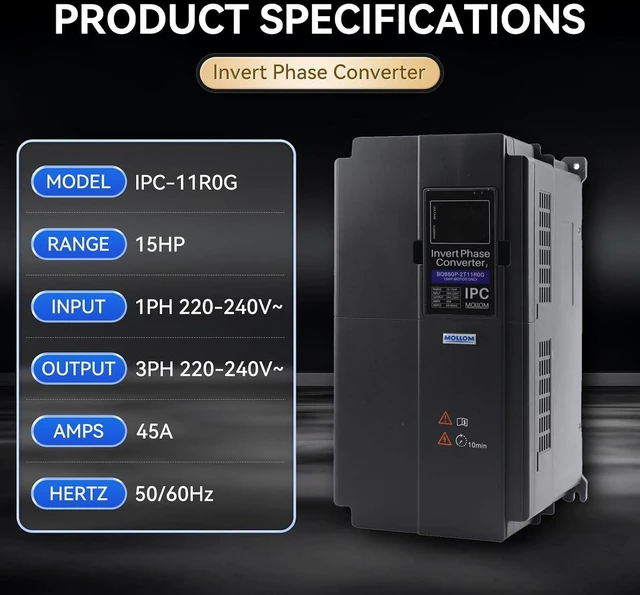 Alt view image 2 of 6 - Mollom 11KW 220V Single to 3 Phase Invert Phase Converter-15HP 45A Input/Output IPC for 3PH Motor