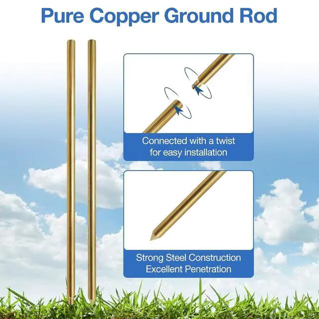 Alt view image 3 of 7 - 24" Copper Alloy Ground Rod,Portable Plug Grounding Rod Kit with 50ft Copper Wire & Alligator Clip for Electric Fences, Grounding Mats,Generator Antennas,Satellite Dishes