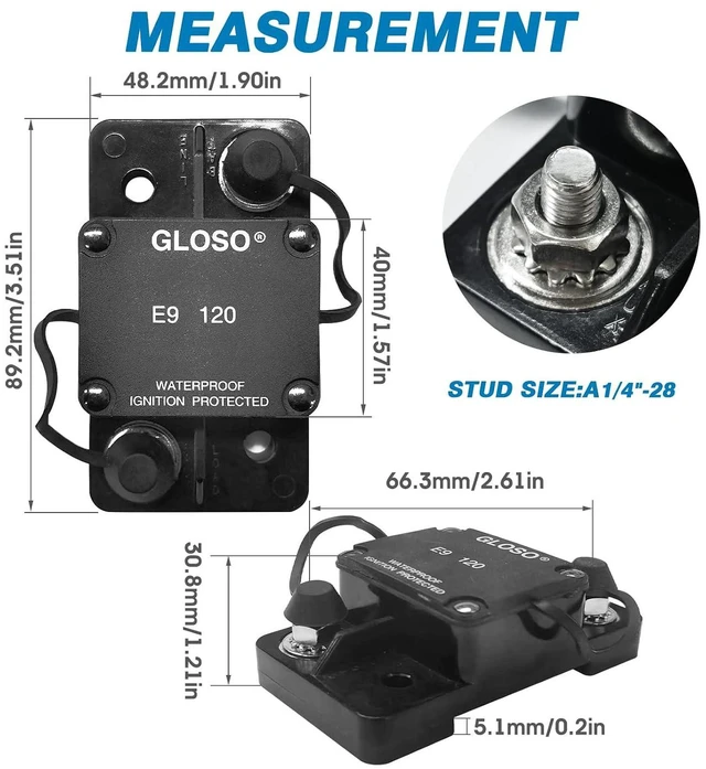 Alt view image 2 of 7 - GLOSO E91 Auto Reset 100A Extended Surfacce Mount Waterproof IP67 Automotive Truck Hi-Amp Circuit Breaker (100A)