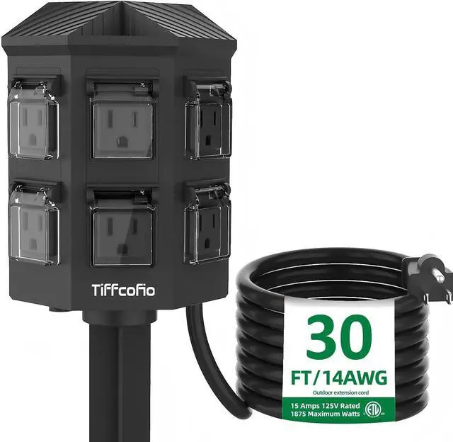 Main image of Tiffcofio Outdoor Power Extension with Stake, 9 Meters Waterproof Cable, 6 Grounded Outlets for Outdoor Lighting, 14 Awg, 15A/1875W, Etl Certified