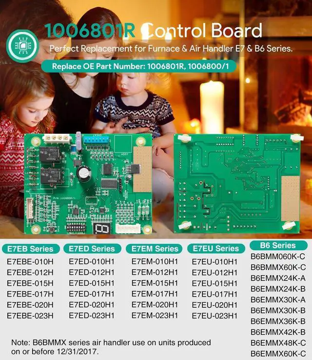 Alt view image 2 of 6 - 1006801R Control Board 1006800/1 For Nordyne Intertherm Revolv Miller E7 & B6 Series Electric Furnace, Replacement Printed Circuit Board, W/Electric Heat, Single Stage