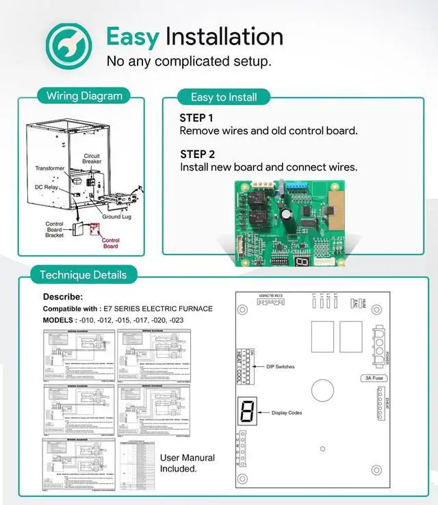 Alt view image 5 of 6 - 1006801R Control Board 1006800/1 For Nordyne Intertherm Revolv Miller E7 & B6 Series Electric Furnace, Replacement Printed Circuit Board, W/Electric Heat, Single Stage