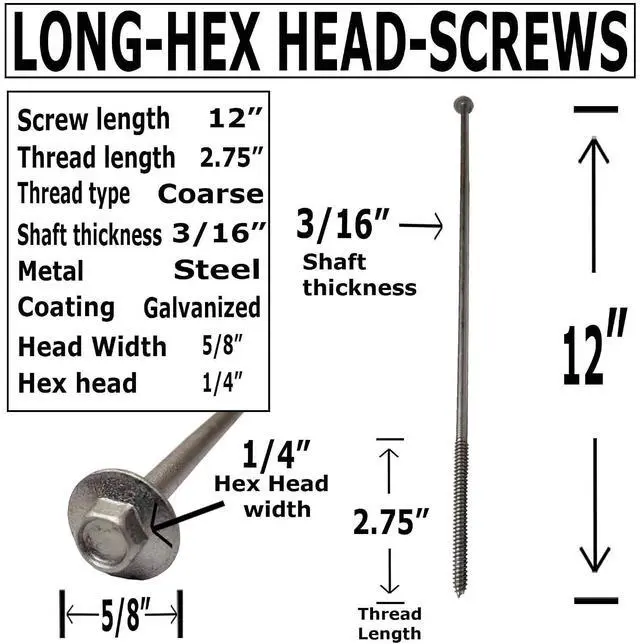 Alt view image 2 of 7 - 12" - Galvanized Timber Tie - Hex Head Structural Screw - Great for Outdoor Landscape use - Coarse Thread for Secure Hold - Rust Resistant Screw - Heavy Duty 3/16" for Extra Hold (25)