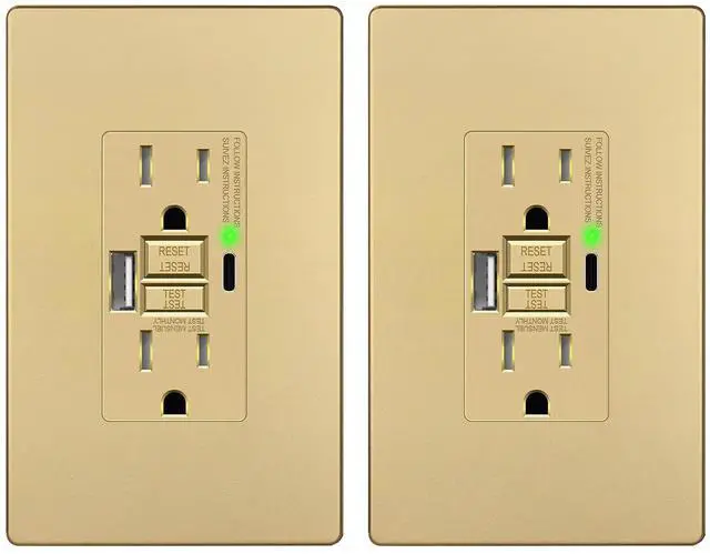 Main image of LIDER 15A GFCI USB Outlet, Tamper-Resistant, Self-Test, 4.2A USB A&C, LED Indicator, ETL Listed, Anti-Interference (No-False-Trip) Protection, Screwless Wall Plate, Gold, 2 Pack