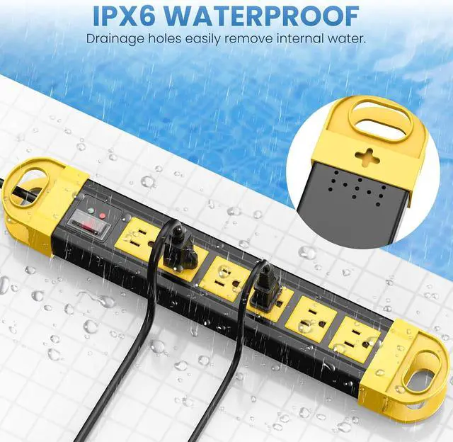 Alt view image 4 of 7 - 6 Outlet IPX6 Waterproof GFCI Power Strip with 2700J Surge Protector, 12A/125V/1500W, Heavy Duty Outdoor Extension Cord, 15Ft Weatherproof Multi Plug Outlet for Outdoor Use& Indoor Use