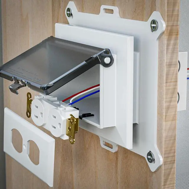 Alt view image 4 of 7 - Recessed Outlet Box, DBHS1C-1 Low Profile Electrical Outlet Boxes, Wall Plate Kit for New Vinyl Siding, Enclosed Weatherproof Pack with Duplex & Decorator Style Covers, 1-Gang, Horizontal, Clear