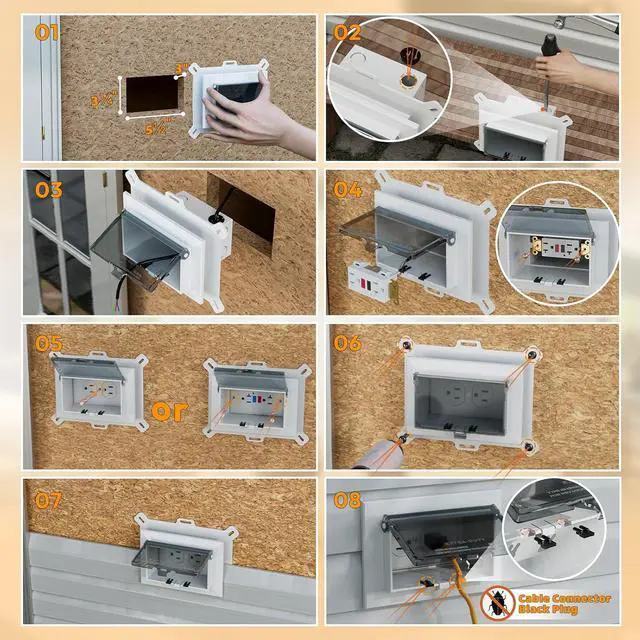 Alt view image 7 of 7 - Recessed Outlet Box, DBHS1C-1 Low Profile Electrical Outlet Boxes, Wall Plate Kit for New Vinyl Siding, Enclosed Weatherproof Pack with Duplex & Decorator Style Covers, 1-Gang, Horizontal, Clear