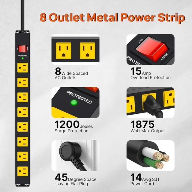 Alt view image 7 of 7 - Metal 8 Outlet Long Mountable Power Strip with 1200J Surge Protector,Wall Mount Heavy Duty Power Strip with Switch,6FT Cord