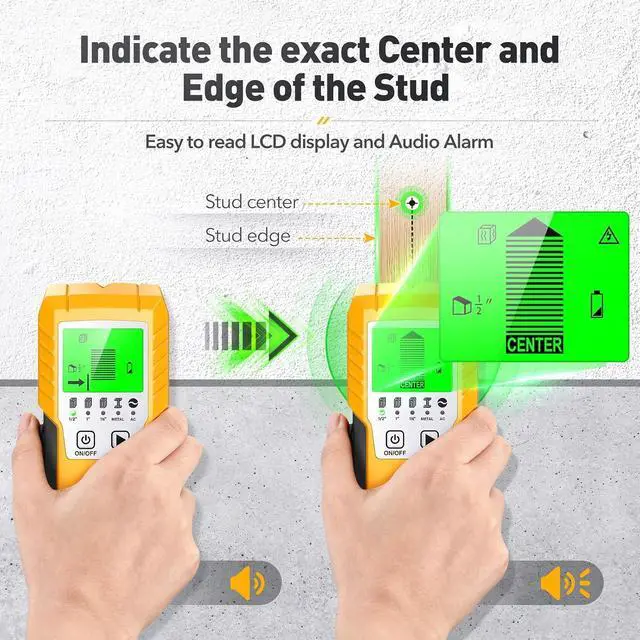 Alt view image 3 of 7 - Stud Finder Wall Scanner Detector - 5 in 1 Electronic Wall Wood Metal Stud Locator Edge Center Sensor Beam for Live AC Wire Pipe Metal Lumber Joist Drywall Framing Detection (Yellow-Silver)