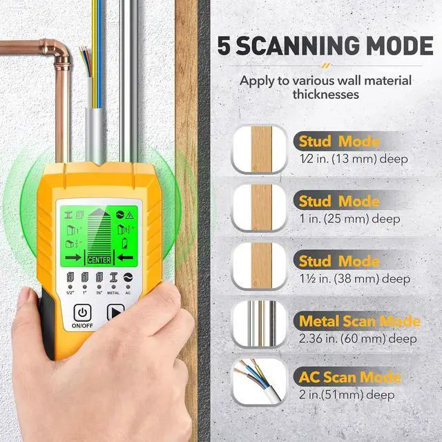 Alt view image 4 of 7 - Stud Finder Wall Scanner Detector - 5 in 1 Electronic Wall Wood Metal Stud Locator Edge Center Sensor Beam for Live AC Wire Pipe Metal Lumber Joist Drywall Framing Detection (Yellow-Silver)