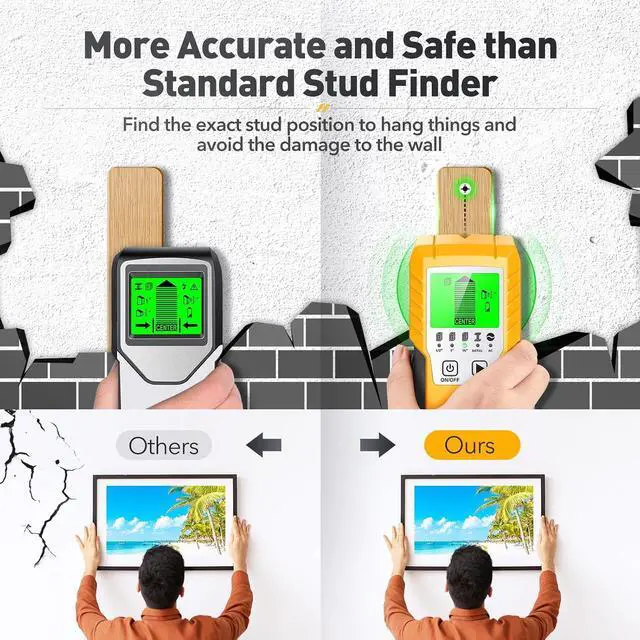 Alt view image 5 of 7 - Stud Finder Wall Scanner Detector - 5 in 1 Electronic Wall Wood Metal Stud Locator Edge Center Sensor Beam for Live AC Wire Pipe Metal Lumber Joist Drywall Framing Detection (Yellow-Silver)