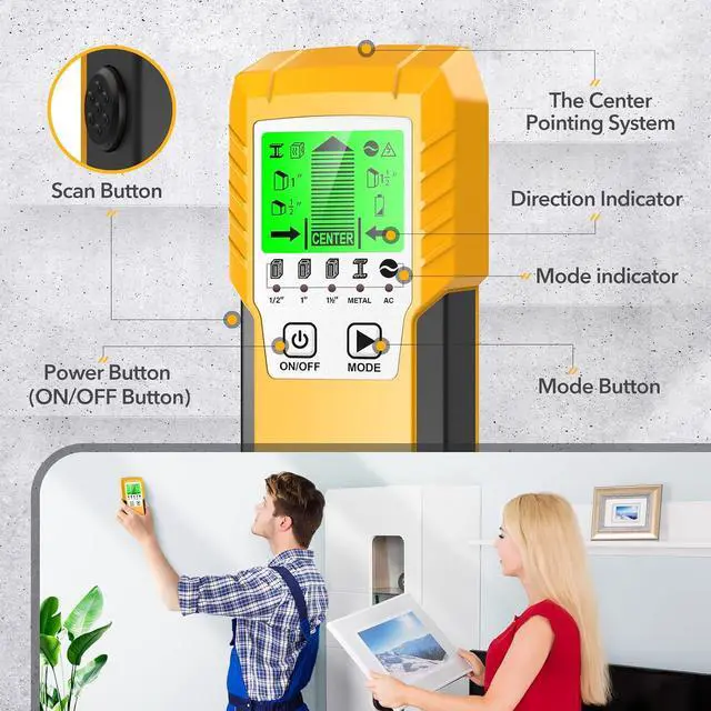 Alt view image 7 of 7 - Stud Finder Wall Scanner Detector - 5 in 1 Electronic Wall Wood Metal Stud Locator Edge Center Sensor Beam for Live AC Wire Pipe Metal Lumber Joist Drywall Framing Detection (Yellow-Silver)