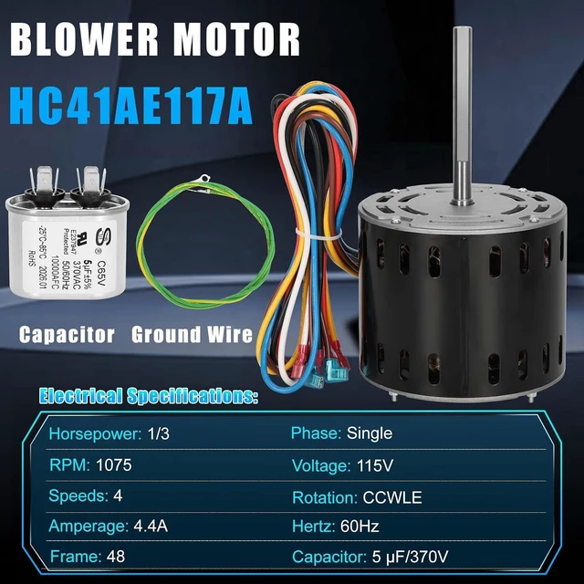 Alt view image 2 of 7 - HC41AE117 Furnace Blower Motor 1/3HP 1075RPM 115V 4 Speed, Fits for Carrier Bryant Payne GE Blower Fan Motor 5KCP39GGS336S HC41AE115 HC41SE122 45117 HC41AE117A