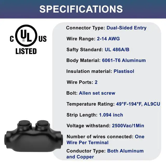 Alt view image 2 of 7 - 2 Port Insulated Wire Connectors Black Splice Connector 2-14 AWG Multi Cable Connector Soldering Lugs Double Side Entry Cable Splicers with Oxide Inhibitor, UL Listed- 5 Pcs