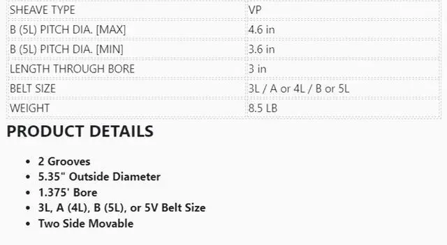 Alt view image 3 of 3 - 2VP56-1-3/8,Masterdrive,Dia 5.35'',Bore 1-3/8'',Variable Pitch Adjustable,2 Grooves,