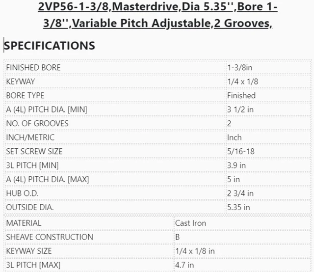 Alt view image 2 of 3 - 2VP56-1-3/8,Masterdrive,Dia 5.35'',Bore 1-3/8'',Variable Pitch Adjustable,2 Grooves,