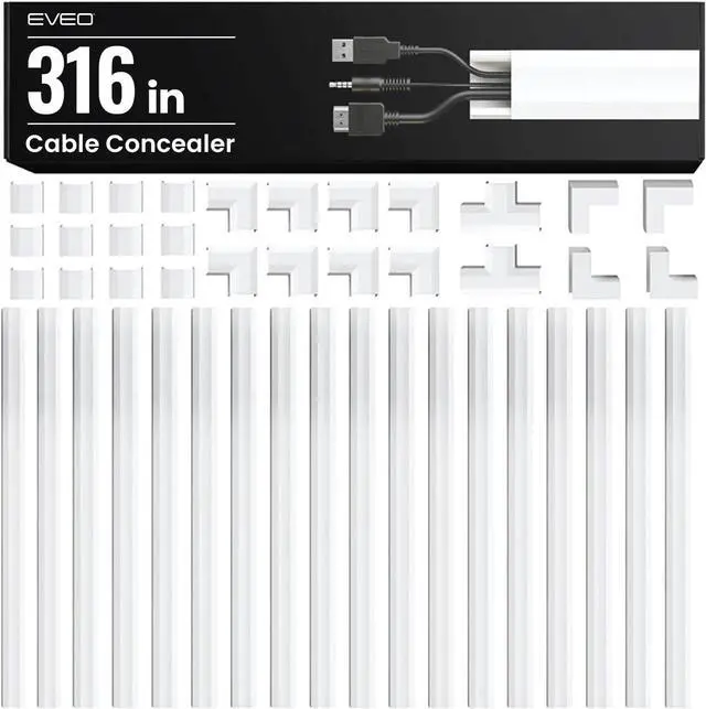 Main image of 300" Cable Concealer on wall Raceway - Paintable Cord Cover for wall Mounted TVs - Cable Management Kit Including Connectors & Adhesive Strips Connected to Raceway