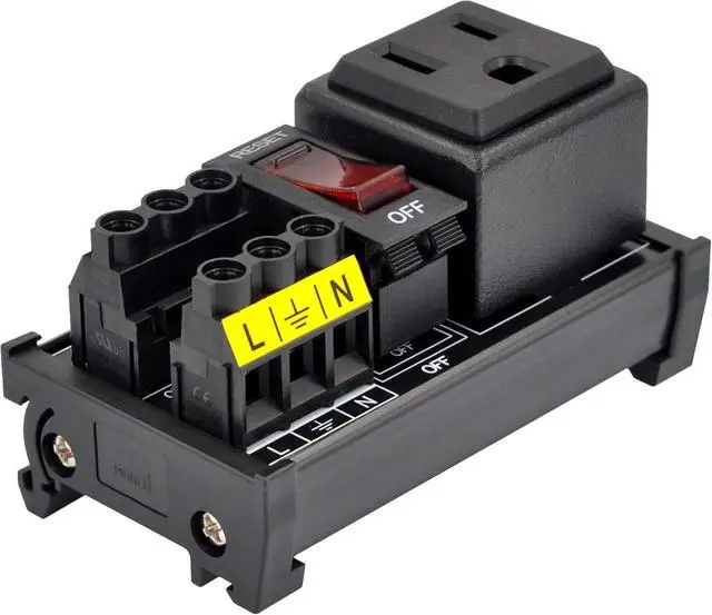Alt view image 2 of 7 - DIN Rail Mount AC 120V NEMA 5-15R Single Receptacle Outlet Power Strip Module, with Rocker Switch Thermal Circuit Breaker Overload Protector